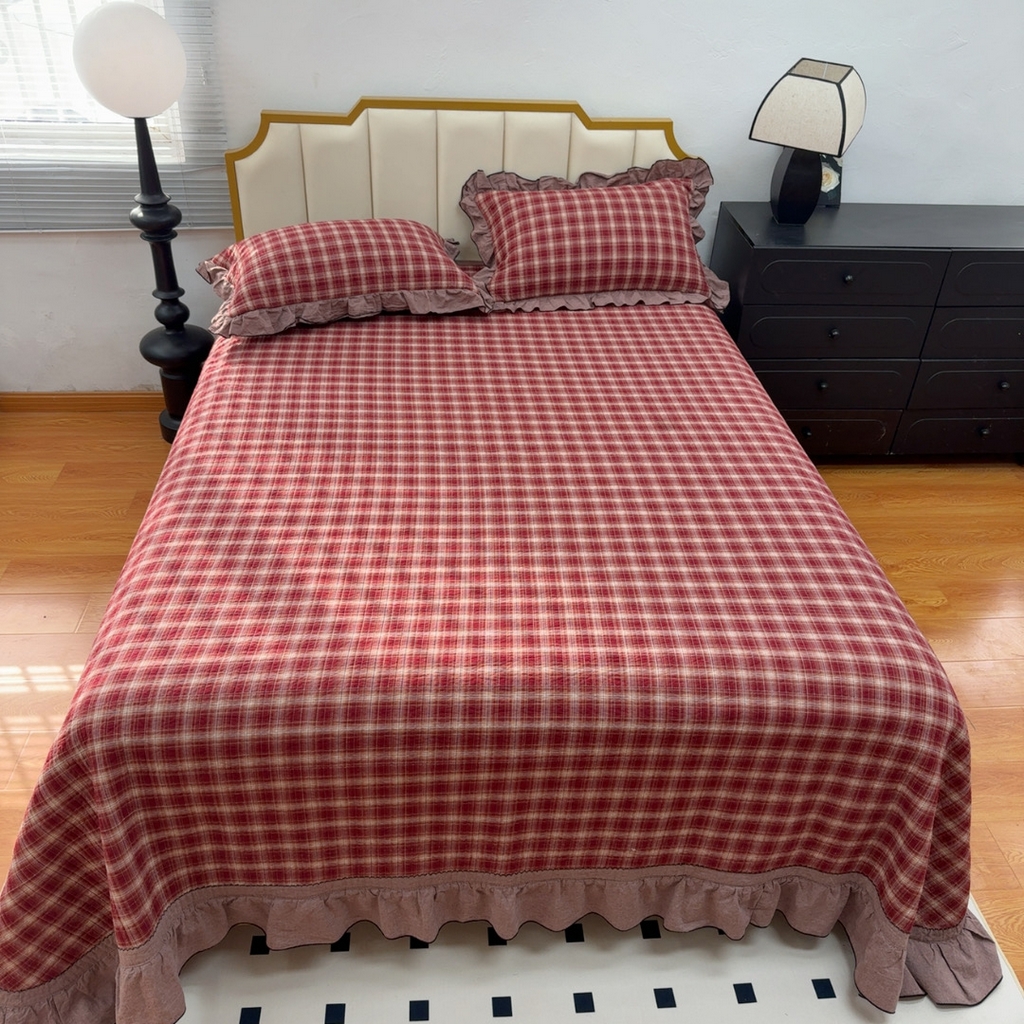 91家纺网 家纺一手货源 找家纺 暖居 2026年新款全棉色织水洗棉高温砂洗床盖三件套四件套圣诞格