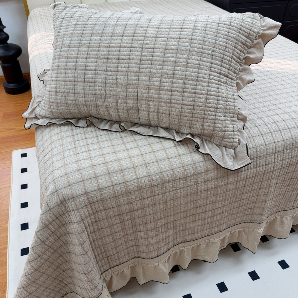 91家纺网 家纺一手货源 找家纺 暖居 2026年新款全棉色织水洗棉高温砂洗床盖三件套四件套艾丽莎