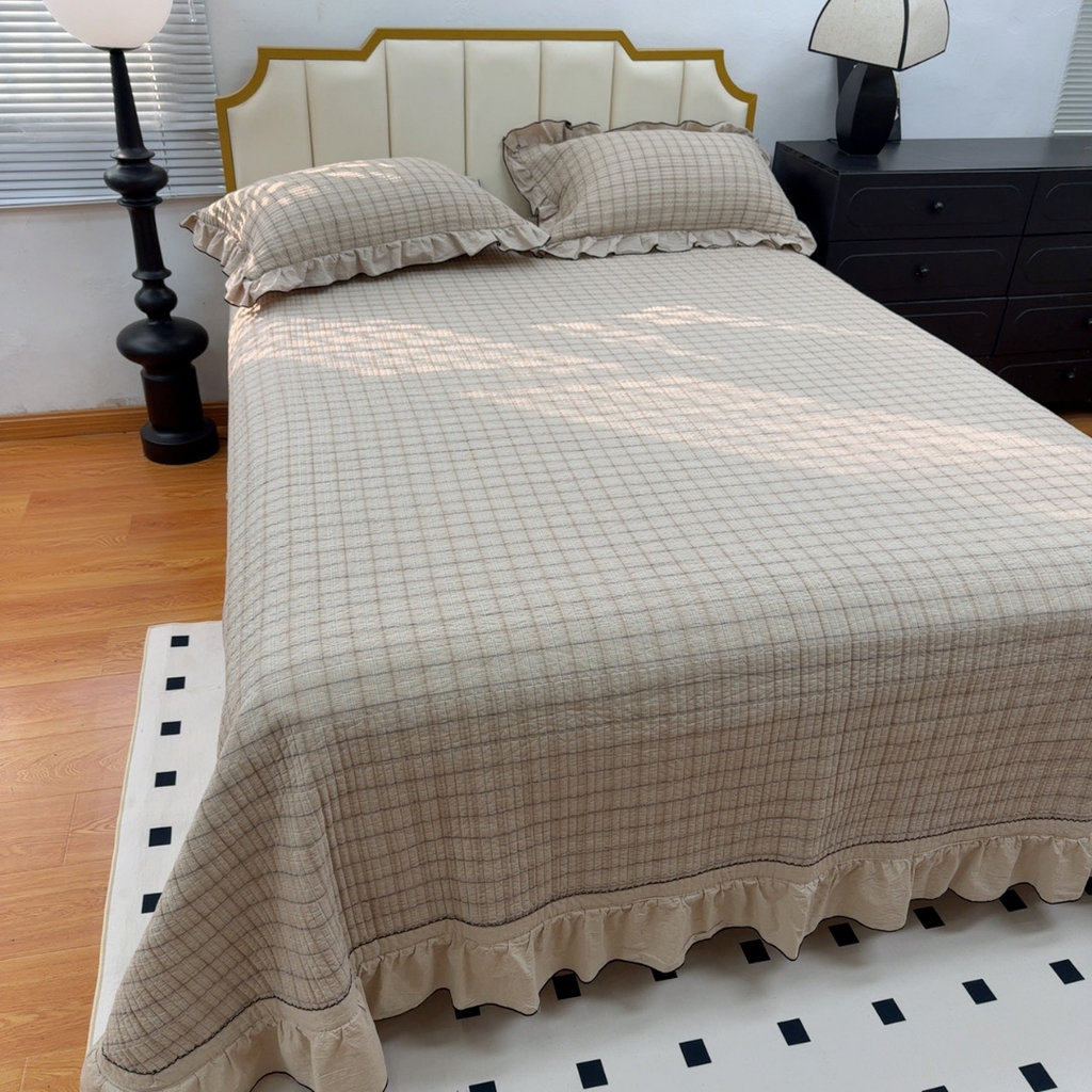 91家纺网 家纺一手货源 找家纺 暖居 2026年新款全棉色织水洗棉高温砂洗床盖三件套四件套艾丽莎