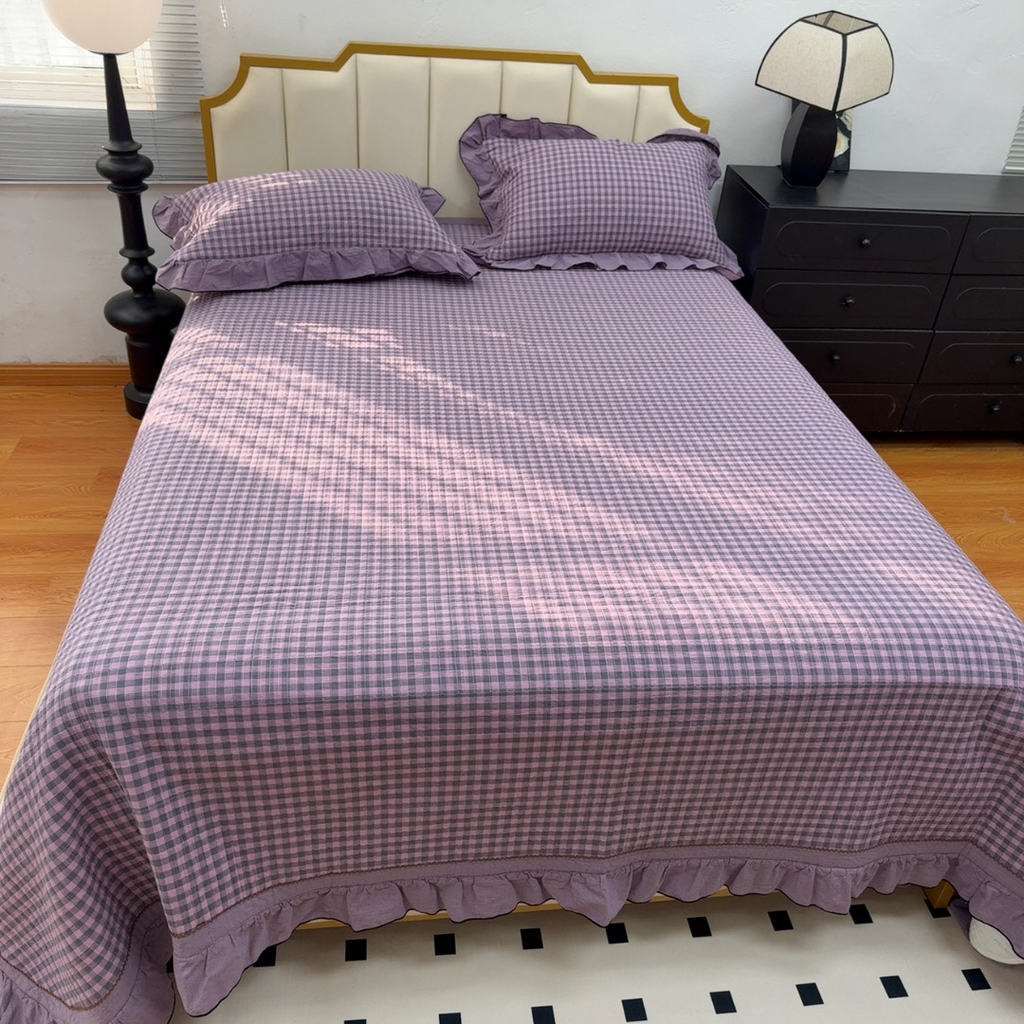 91家纺网 家纺一手货源 找家纺 暖居 2026年新款全棉色织水洗棉高温砂洗床盖三件套四件套丁香紫