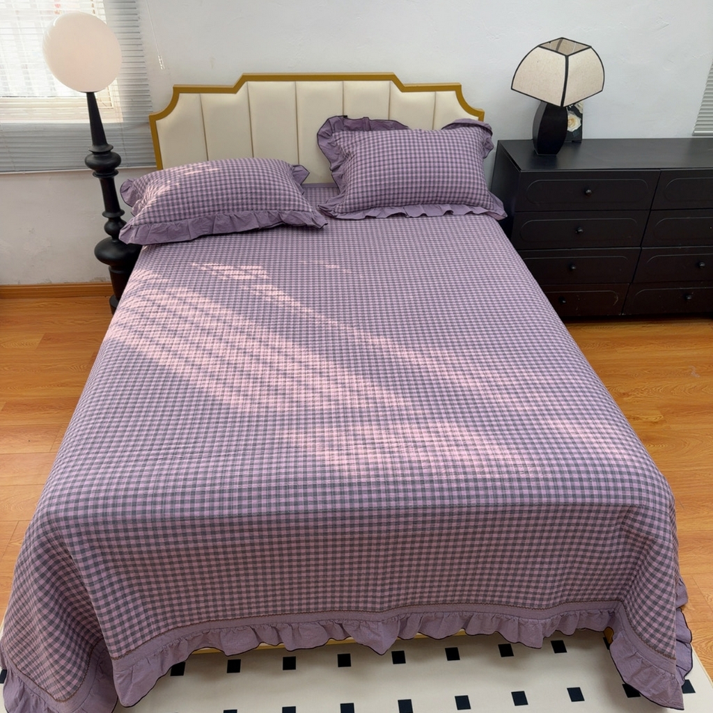 91家纺网 家纺一手货源 找家纺 暖居 2026年新款全棉色织水洗棉高温砂洗床盖三件套四件套丁香紫