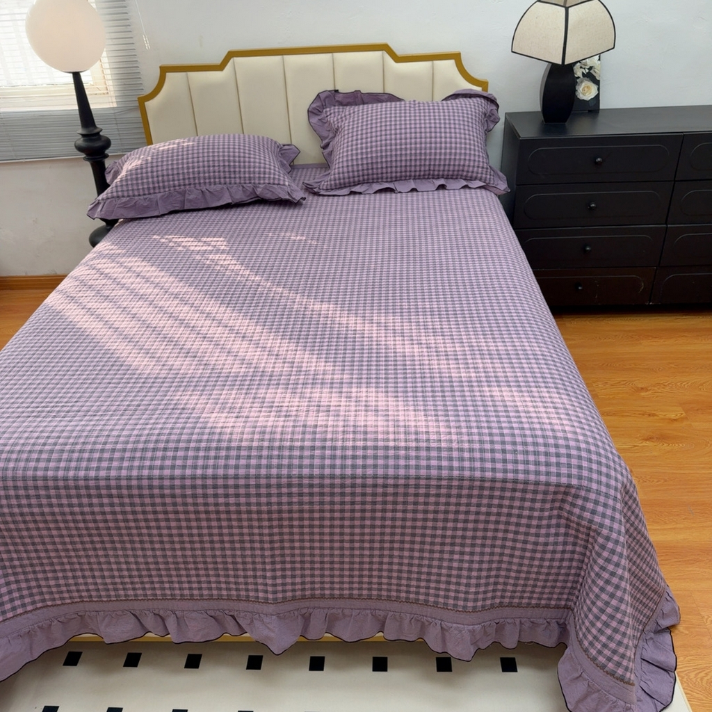 91家纺网 家纺一手货源 找家纺 暖居 2026年新款全棉色织水洗棉高温砂洗床盖三件套四件套丁香紫