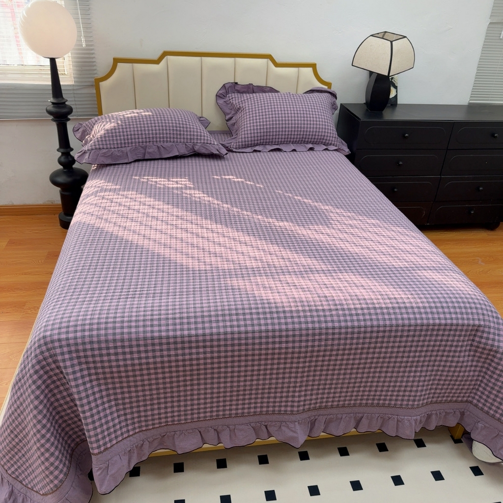 91家纺网 家纺一手货源 找家纺 暖居 2026年新款全棉色织水洗棉高温砂洗床盖三件套四件套丁香紫