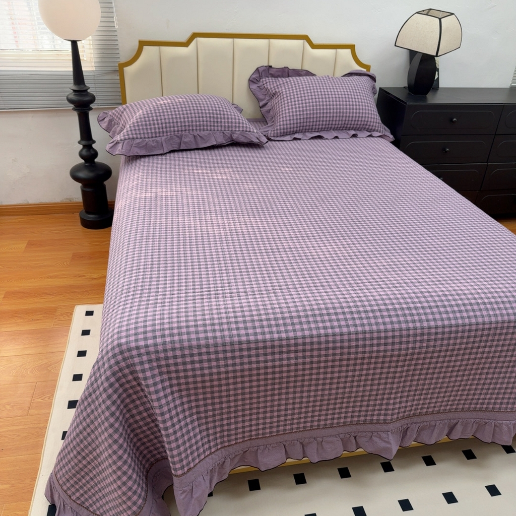 91家纺网 家纺一手货源 找家纺 暖居 2026年新款全棉色织水洗棉高温砂洗床盖三件套四件套丁香紫