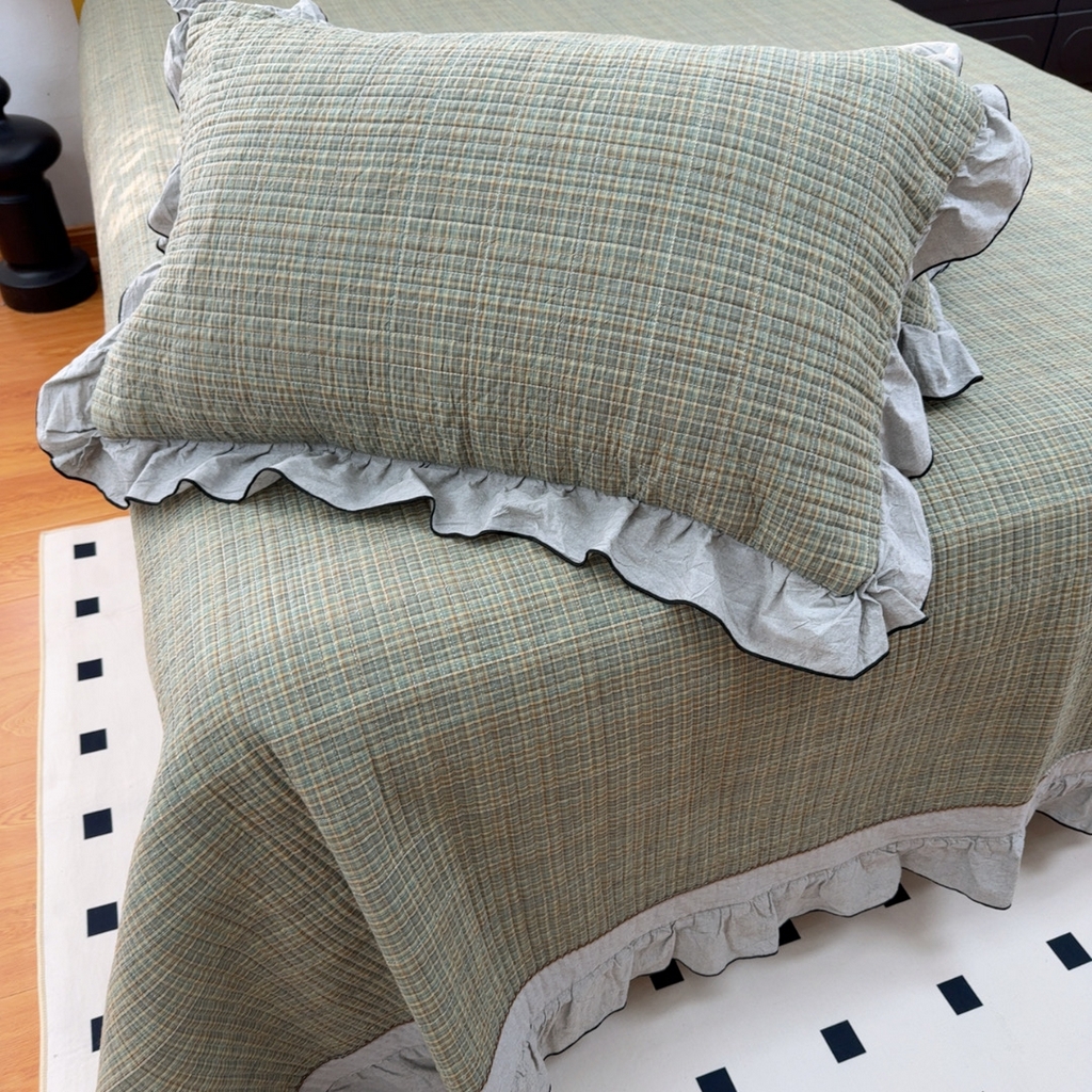 91家纺网 家纺一手货源 找家纺 暖居 2026年新款全棉色织水洗棉高温砂洗床盖三件套四件套格语绿