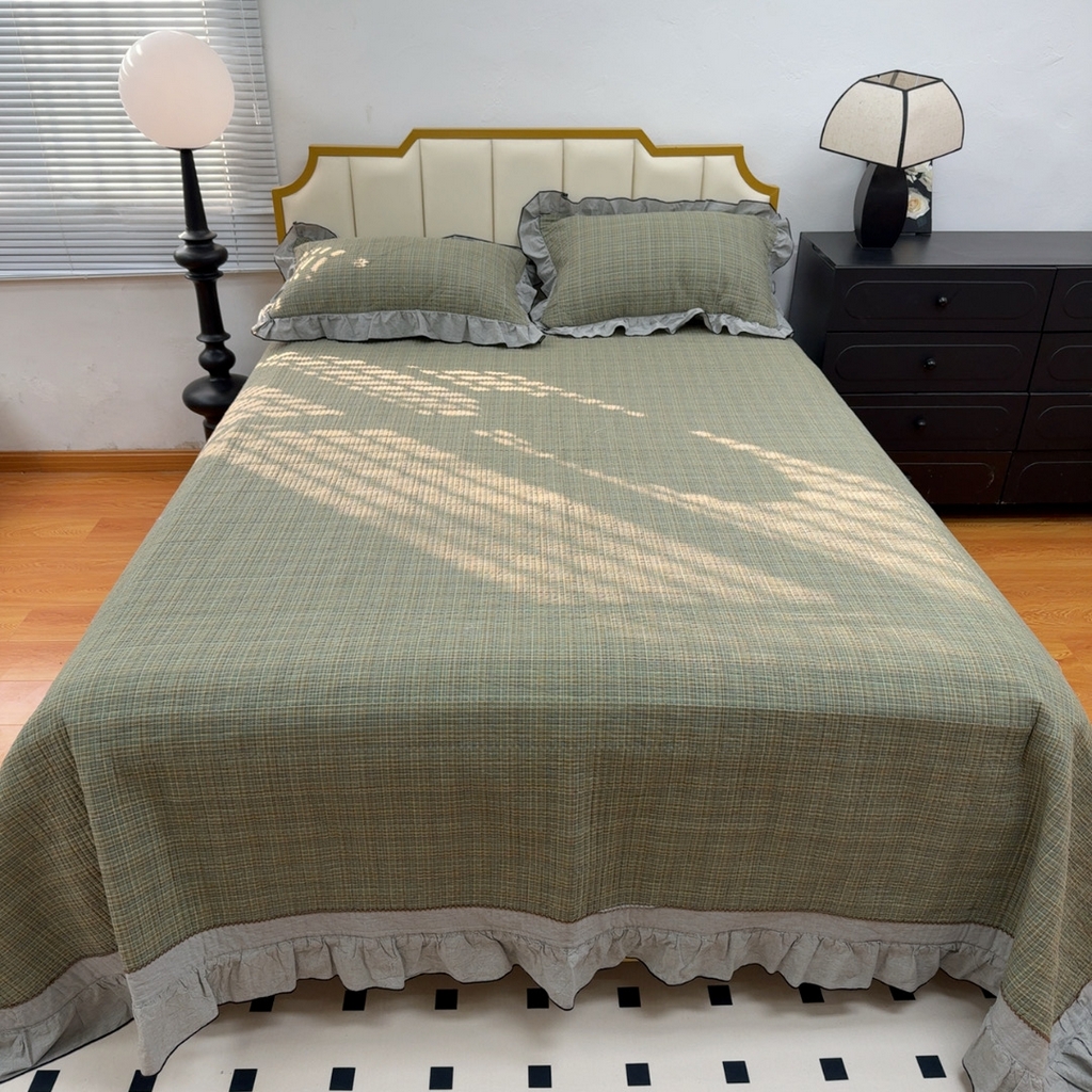 暖居 2026年新款全棉色织水洗棉高温砂洗床盖三件套四件套格语绿