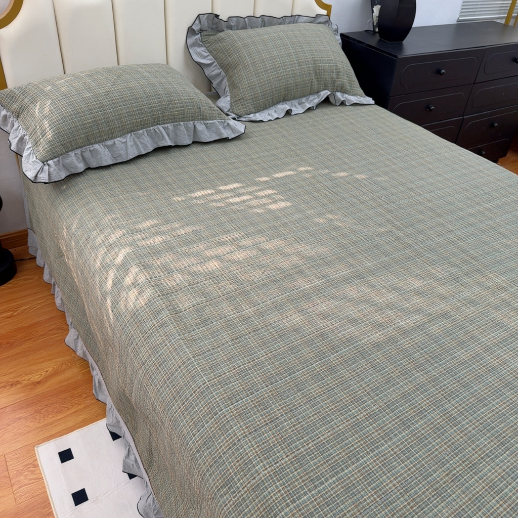 91家纺网 家纺一手货源 找家纺 暖居 2026年新款全棉色织水洗棉高温砂洗床盖三件套四件套格语绿