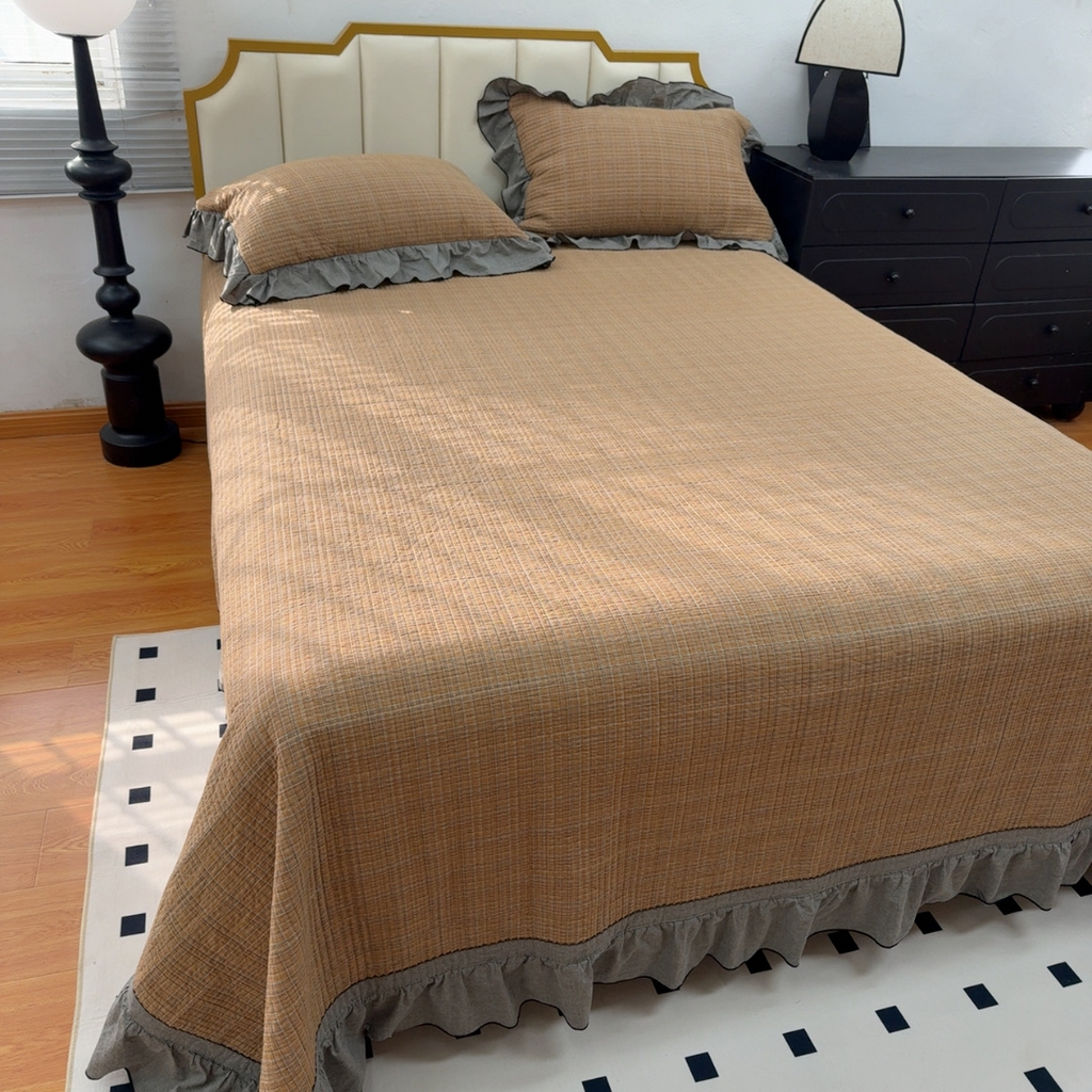 91家纺网 家纺一手货源 找家纺 暖居 2026年新款全棉色织水洗棉高温砂洗床盖三件套四件套橘黄