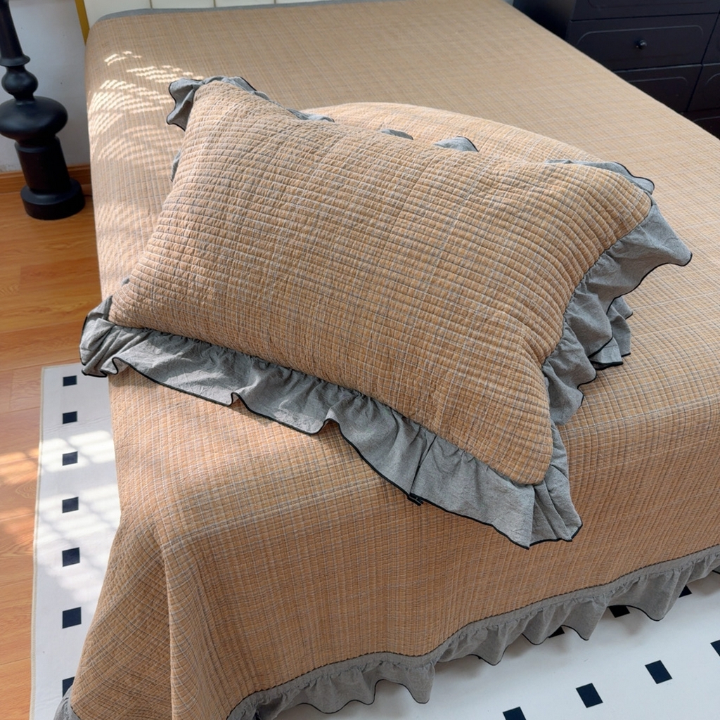 91家纺网 家纺一手货源 找家纺 暖居 2026年新款全棉色织水洗棉高温砂洗床盖三件套四件套橘黄