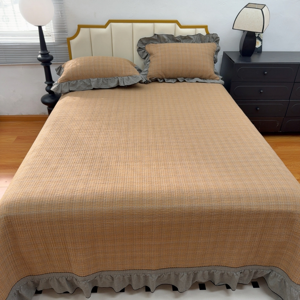 91家纺网 家纺一手货源 找家纺 暖居 2026年新款全棉色织水洗棉高温砂洗床盖三件套四件套橘黄