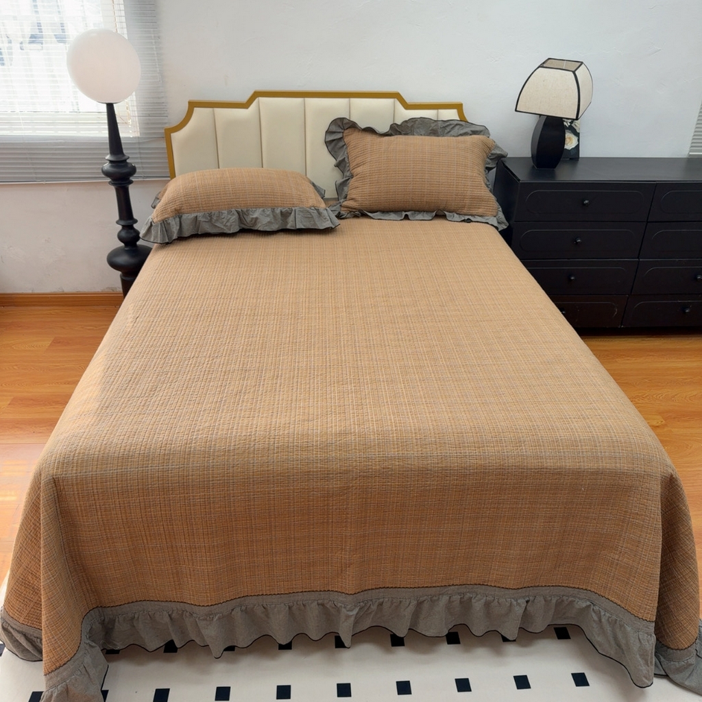 暖居 2026年新款全棉色织水洗棉高温砂洗床盖三件套四件套橘黄