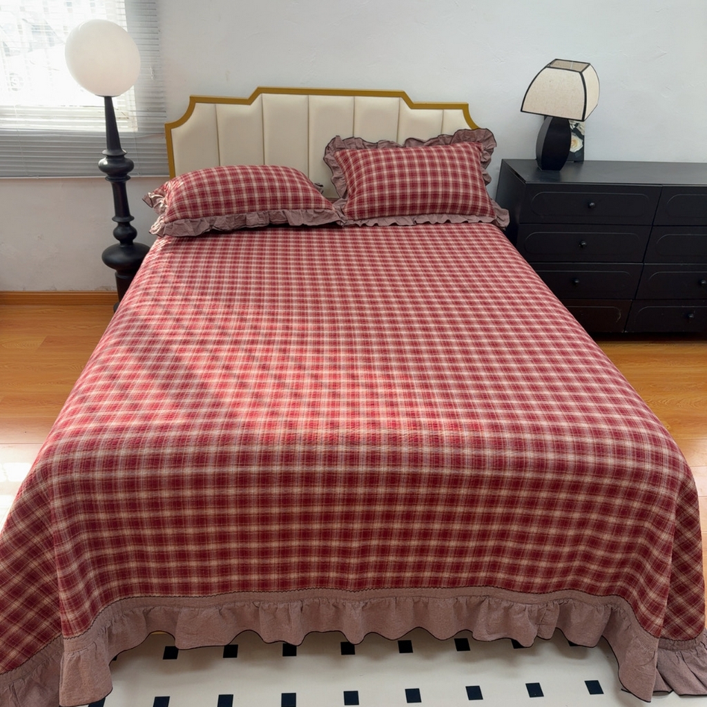 91家纺网 家纺一手货源 找家纺 暖居 2026年新款全棉色织水洗棉高温砂洗床盖三件套四件套圣诞格