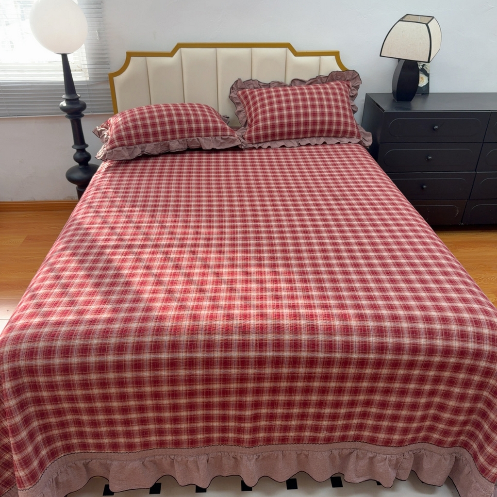 91家纺网 家纺一手货源 找家纺 暖居 2026年新款全棉色织水洗棉高温砂洗床盖三件套四件套圣诞格