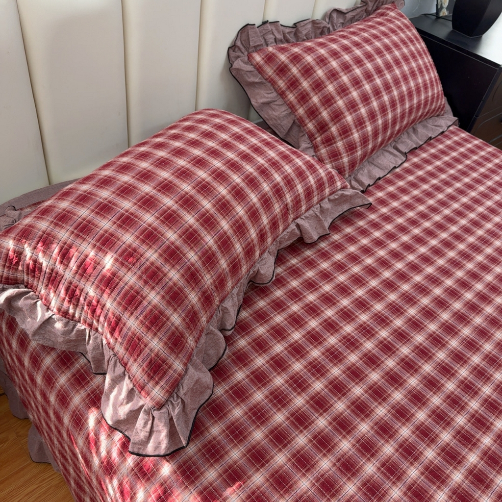 91家纺网 家纺一手货源 找家纺 暖居 2026年新款全棉色织水洗棉高温砂洗床盖三件套四件套圣诞格