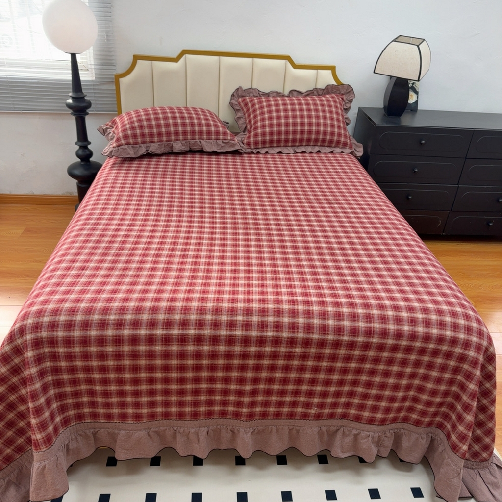 91家纺网 家纺一手货源 找家纺 暖居 2026年新款全棉色织水洗棉高温砂洗床盖三件套四件套圣诞格