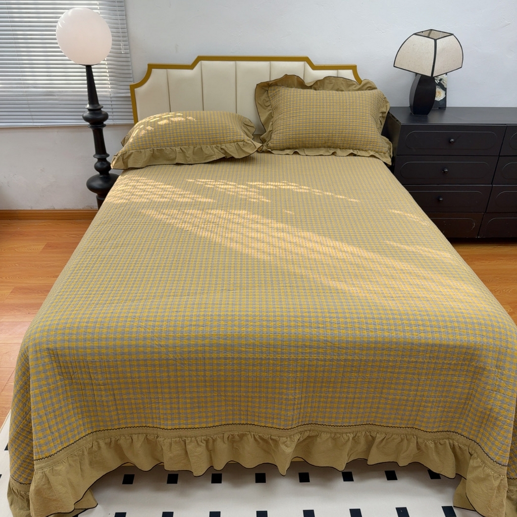 91家纺网 家纺一手货源 找家纺 暖居 2026年新款全棉色织水洗棉高温砂洗床盖三件套四件套芸素黄