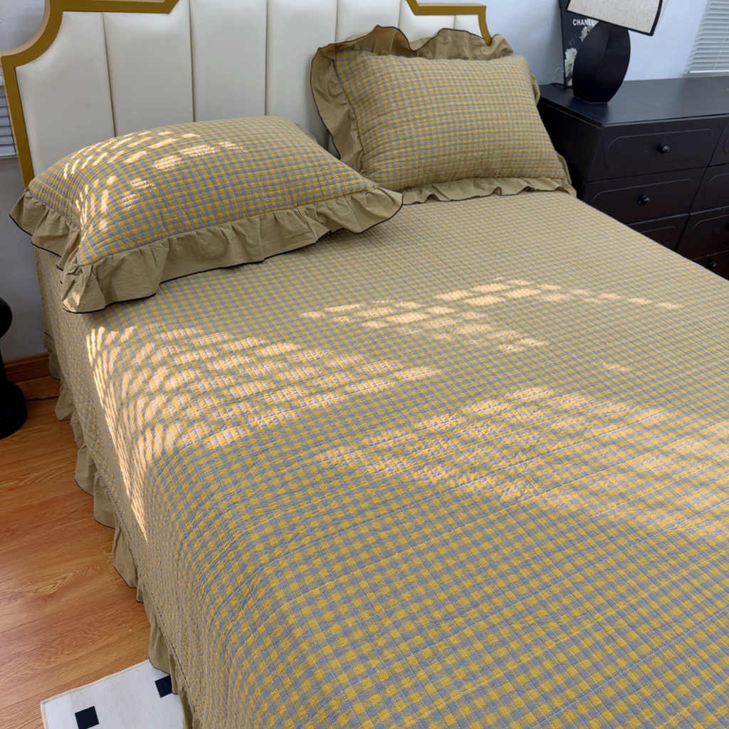 91家纺网 家纺一手货源 找家纺 暖居 2026年新款全棉色织水洗棉高温砂洗床盖三件套四件套芸素黄