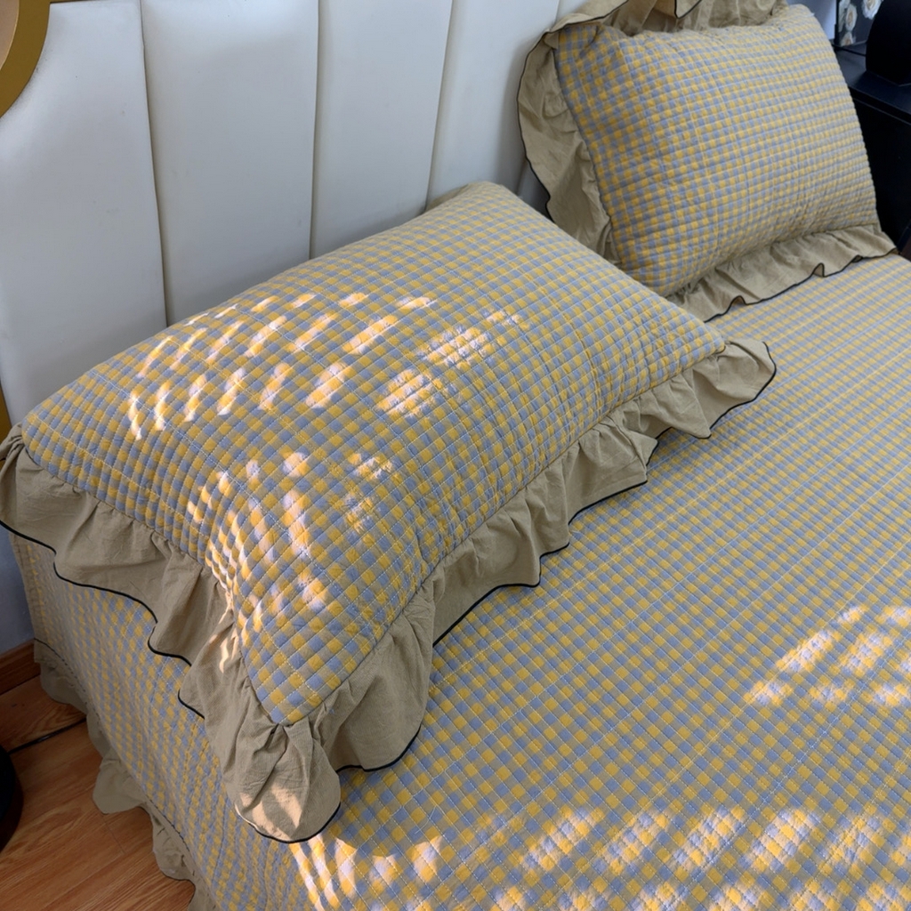 91家纺网 家纺一手货源 找家纺 暖居 2026年新款全棉色织水洗棉高温砂洗床盖三件套四件套芸素黄