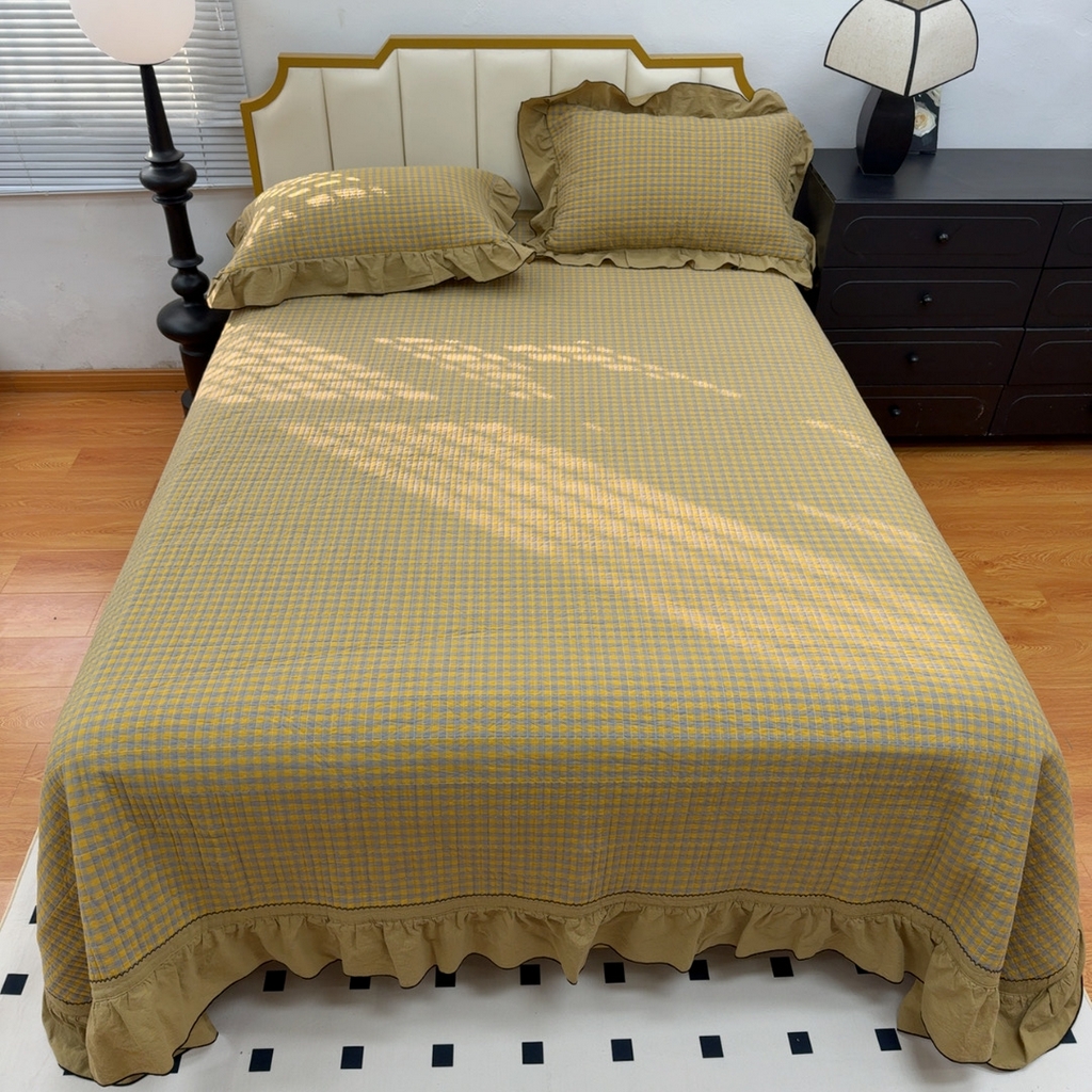 暖居 2026年新款全棉色织水洗棉高温砂洗床盖三件套四件套芸素黄