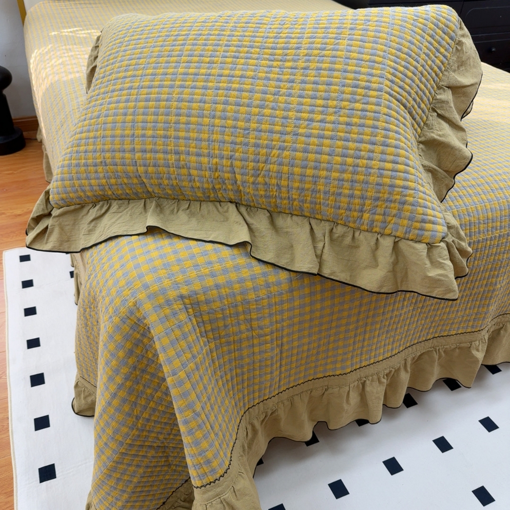 91家纺网 家纺一手货源 找家纺 暖居 2026年新款全棉色织水洗棉高温砂洗床盖三件套四件套芸素黄