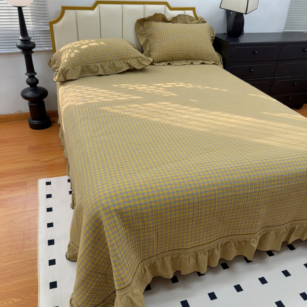 91家纺网 家纺一手货源 找家纺 暖居 2026年新款全棉色织水洗棉高温砂洗床盖三件套四件套芸素黄