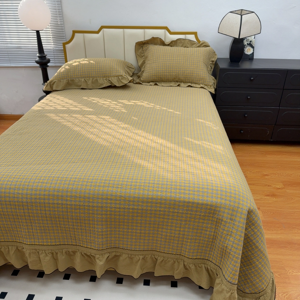 91家纺网 家纺一手货源 找家纺 暖居 2026年新款全棉色织水洗棉高温砂洗床盖三件套四件套芸素黄