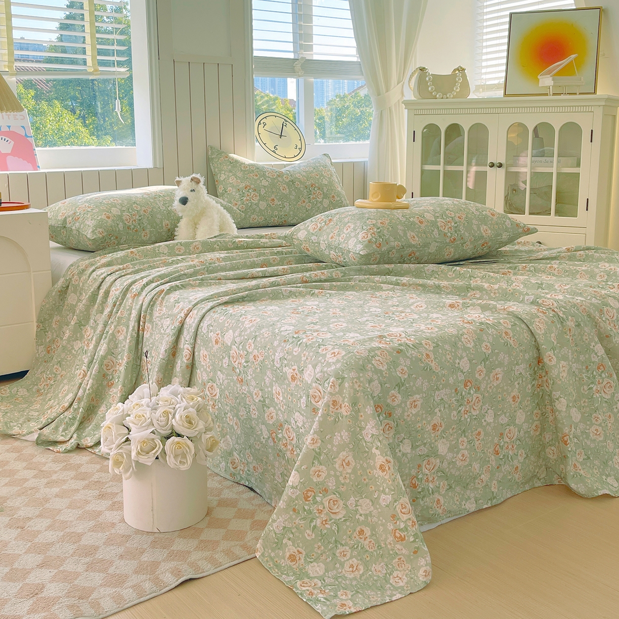 91家纺网 家纺一手货源 找家纺 春皖家纺 2026新款A类全棉有氧双层纱印花四件套单品系列-单床单 青茵