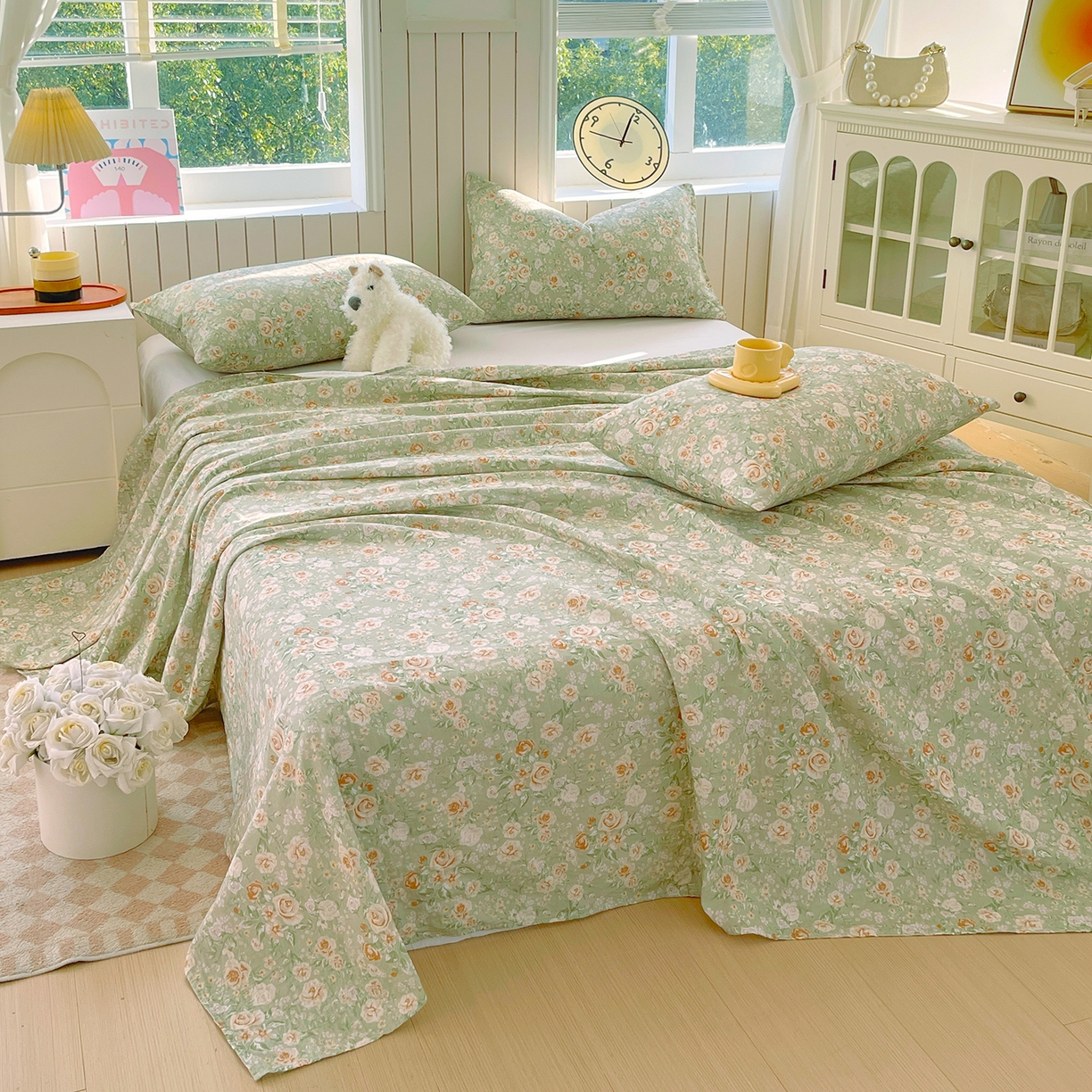 91家纺网 家纺一手货源 找家纺 春皖家纺 2026新款A类全棉有氧双层纱印花四件套单品系列-单床单 青茵