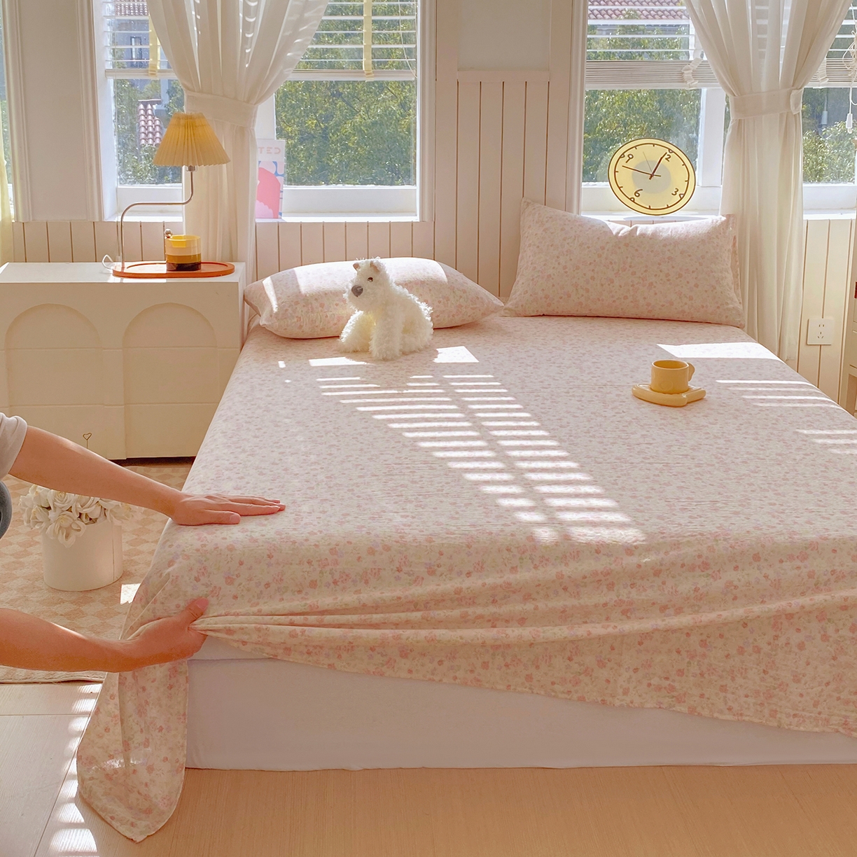 91家纺网 家纺一手货源 找家纺 春皖家纺 2026新款A类全棉有氧双层纱印花四件套单品系列-单床单 旧梦朝花