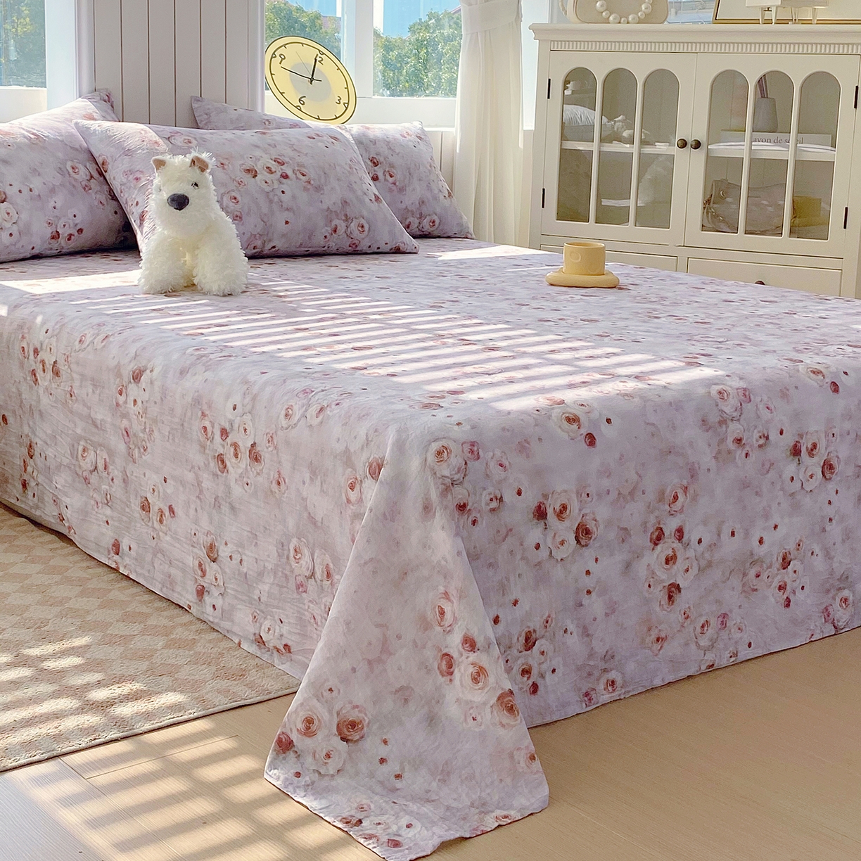 91家纺网 家纺一手货源 找家纺 春皖家纺 2026新款A类全棉有氧双层纱印花四件套单品系列-单床单 雾棕