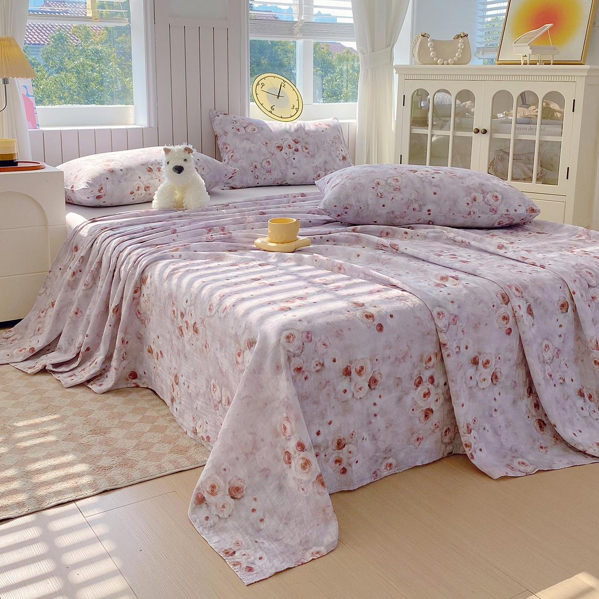 91家纺网 家纺一手货源 找家纺 春皖家纺 2026新款A类全棉有氧双层纱印花四件套单品系列-单床单 雾棕