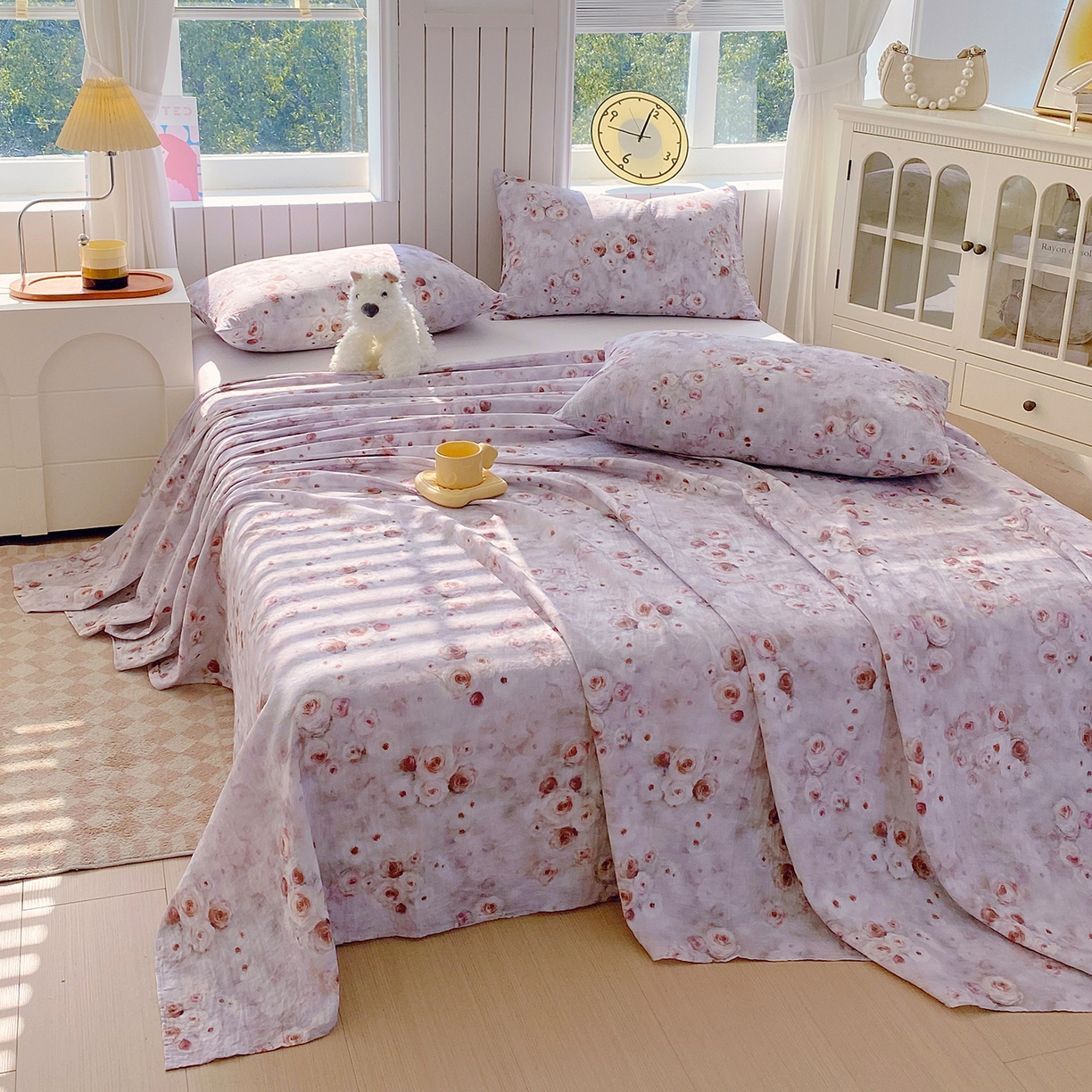 91家纺网 家纺一手货源 找家纺 春皖家纺 2026新款A类全棉有氧双层纱印花四件套单品系列-单床单 雾棕