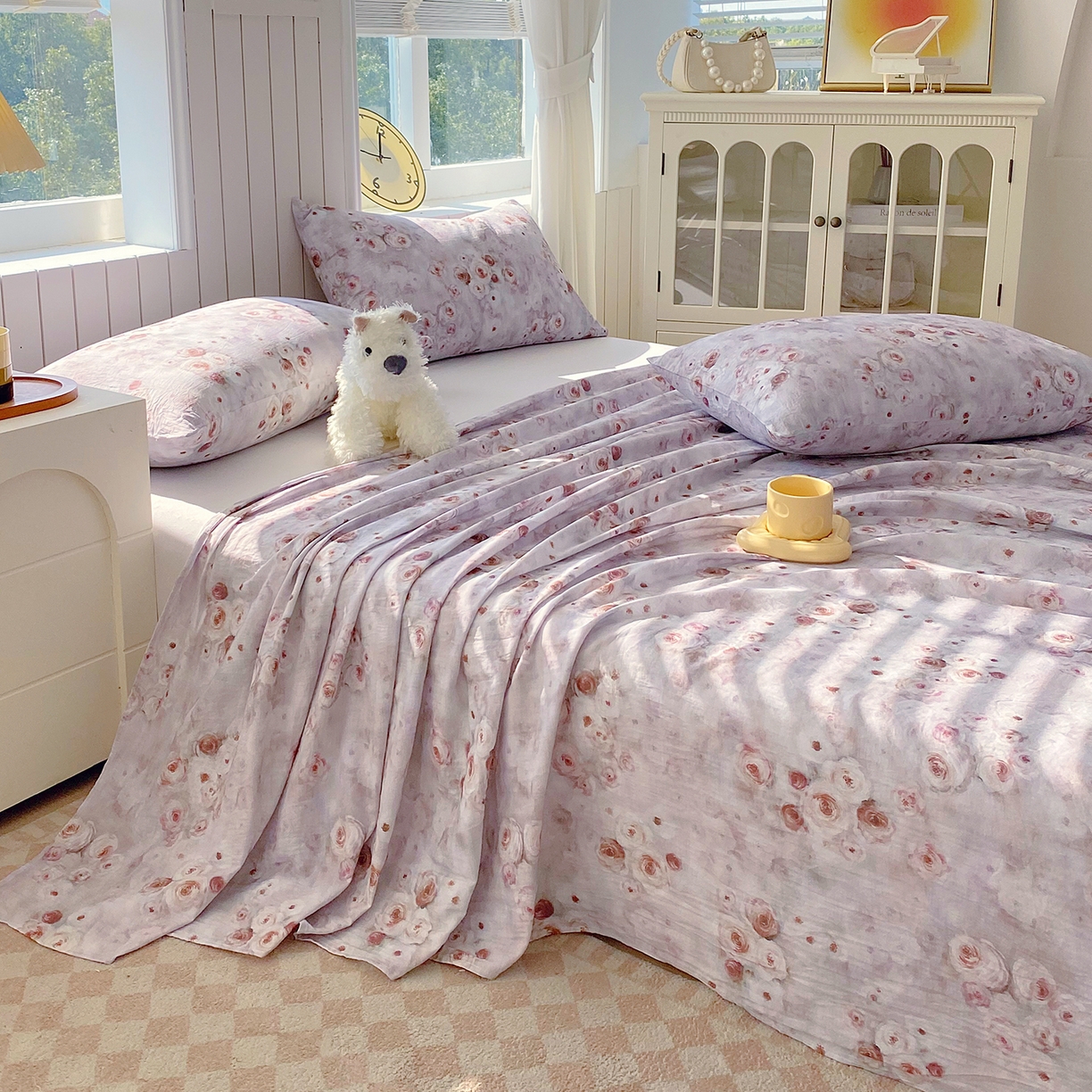 91家纺网 家纺一手货源 找家纺 春皖家纺 2026新款A类全棉有氧双层纱印花四件套单品系列-单床单 雾棕