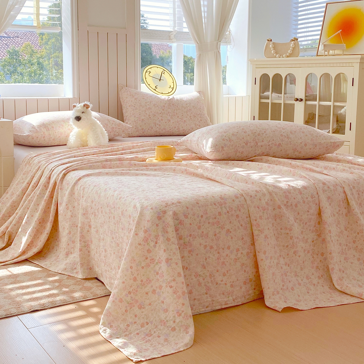 91家纺网 家纺一手货源 找家纺 春皖家纺 2026新款A类全棉有氧双层纱印花四件套单品系列-单床单 旧梦朝花