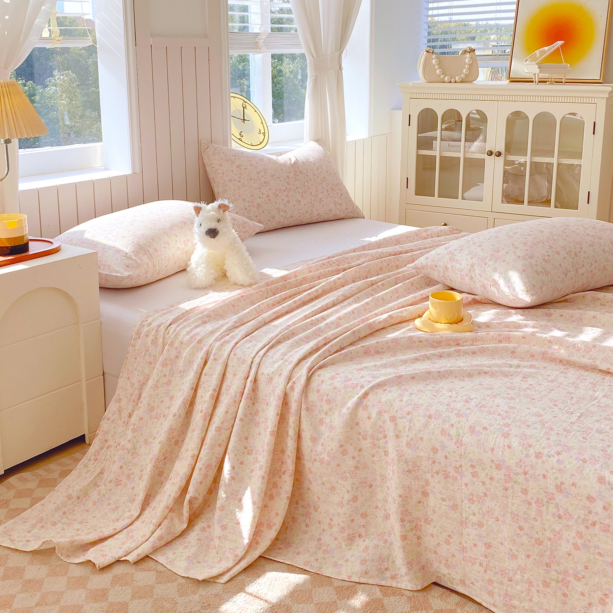 91家纺网 家纺一手货源 找家纺 春皖家纺 2026新款A类全棉有氧双层纱印花四件套单品系列-单床单 旧梦朝花