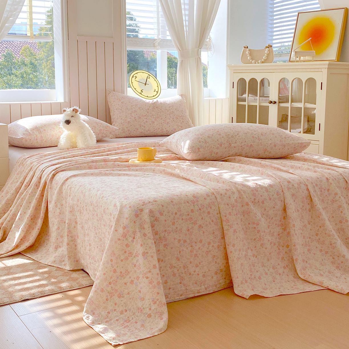 91家纺网 家纺一手货源 找家纺 春皖家纺 2026新款A类全棉有氧双层纱印花四件套单品系列-单床单 旧梦朝花