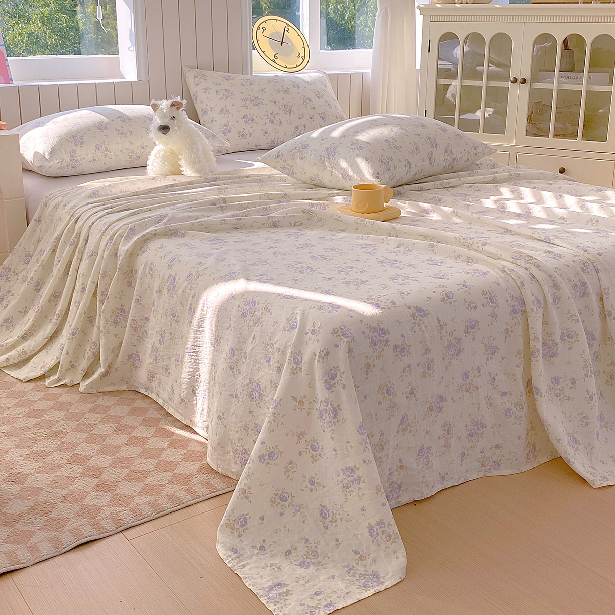 91家纺网 家纺一手货源 找家纺 春皖家纺 2026新款A类全棉有氧双层纱印花四件套单品系列-单床单 雾染玫瑰