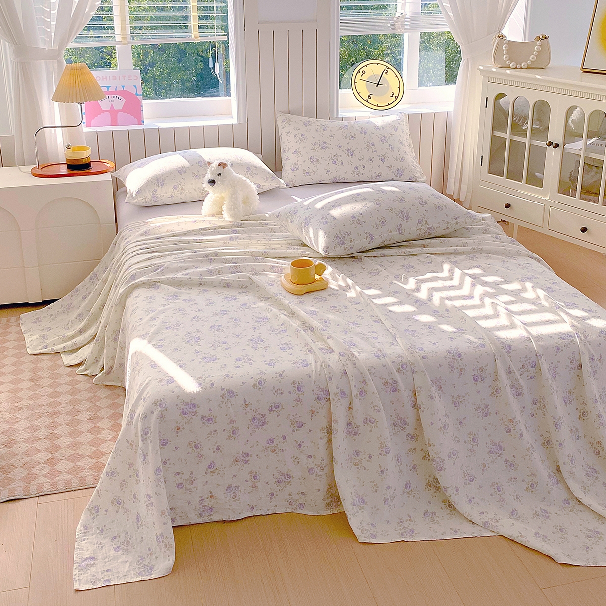 91家纺网 家纺一手货源 找家纺 春皖家纺 2026新款A类全棉有氧双层纱印花四件套单品系列-单床单 雾染玫瑰