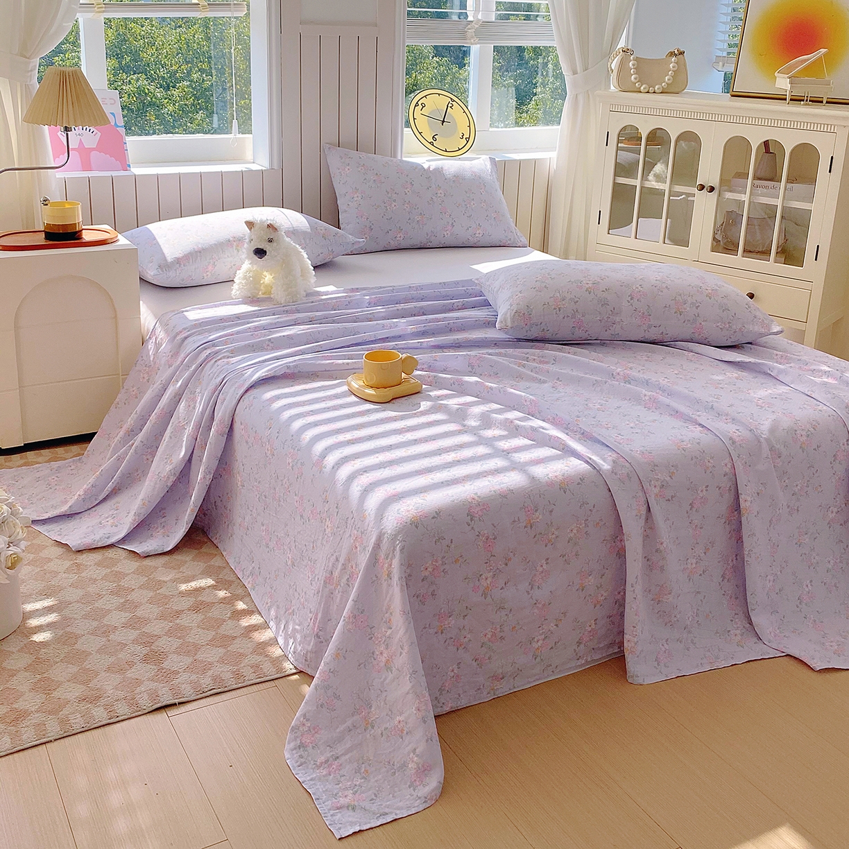 91家纺网 家纺一手货源 找家纺 春皖家纺 2026新款A类全棉有氧双层纱印花四件套单品系列-单床单 雾色里德