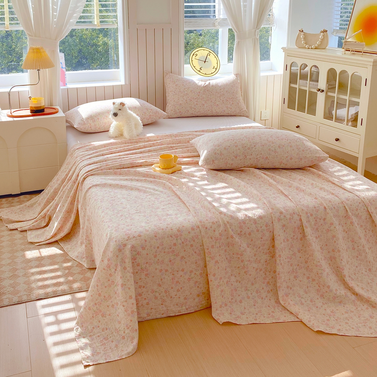 91家纺网 家纺一手货源 找家纺 春皖家纺 2026新款A类全棉有氧双层纱印花四件套单品系列-单床单 旧梦朝花