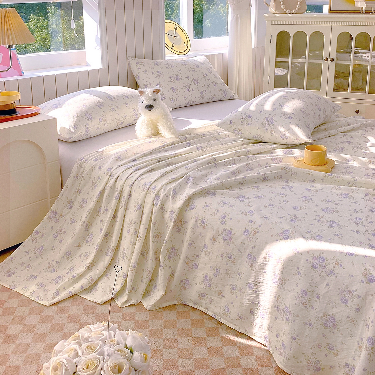 91家纺网 家纺一手货源 找家纺 春皖家纺 2026新款A类全棉有氧双层纱印花四件套单品系列-单床单 雾染玫瑰