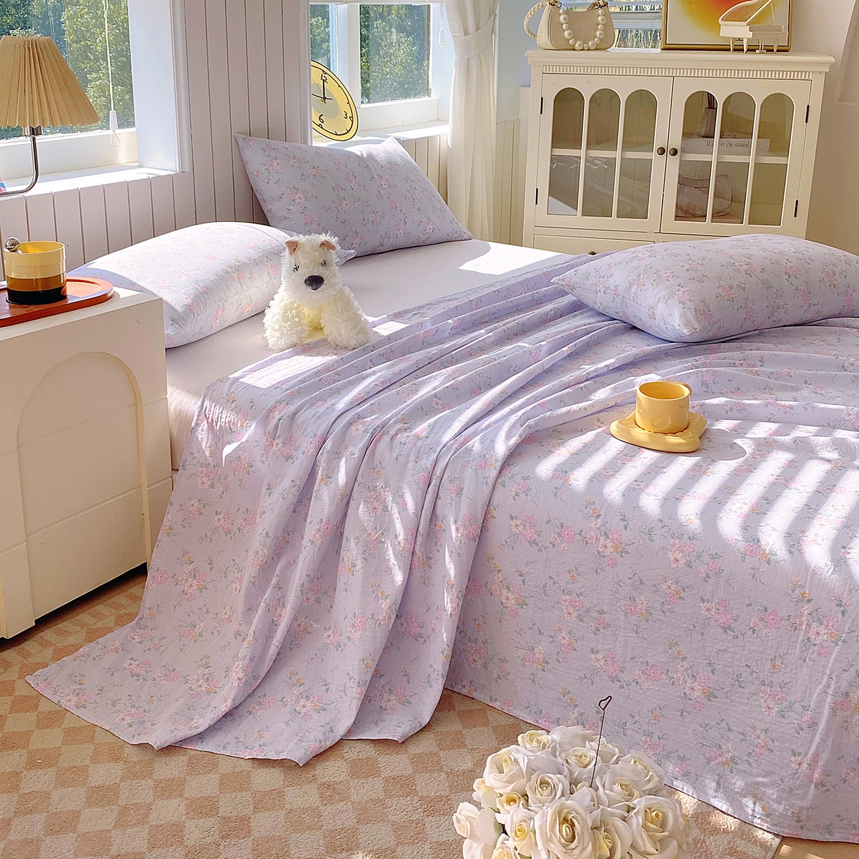 91家纺网 家纺一手货源 找家纺 春皖家纺 2026新款A类全棉有氧双层纱印花四件套单品系列-单床单 雾色里德