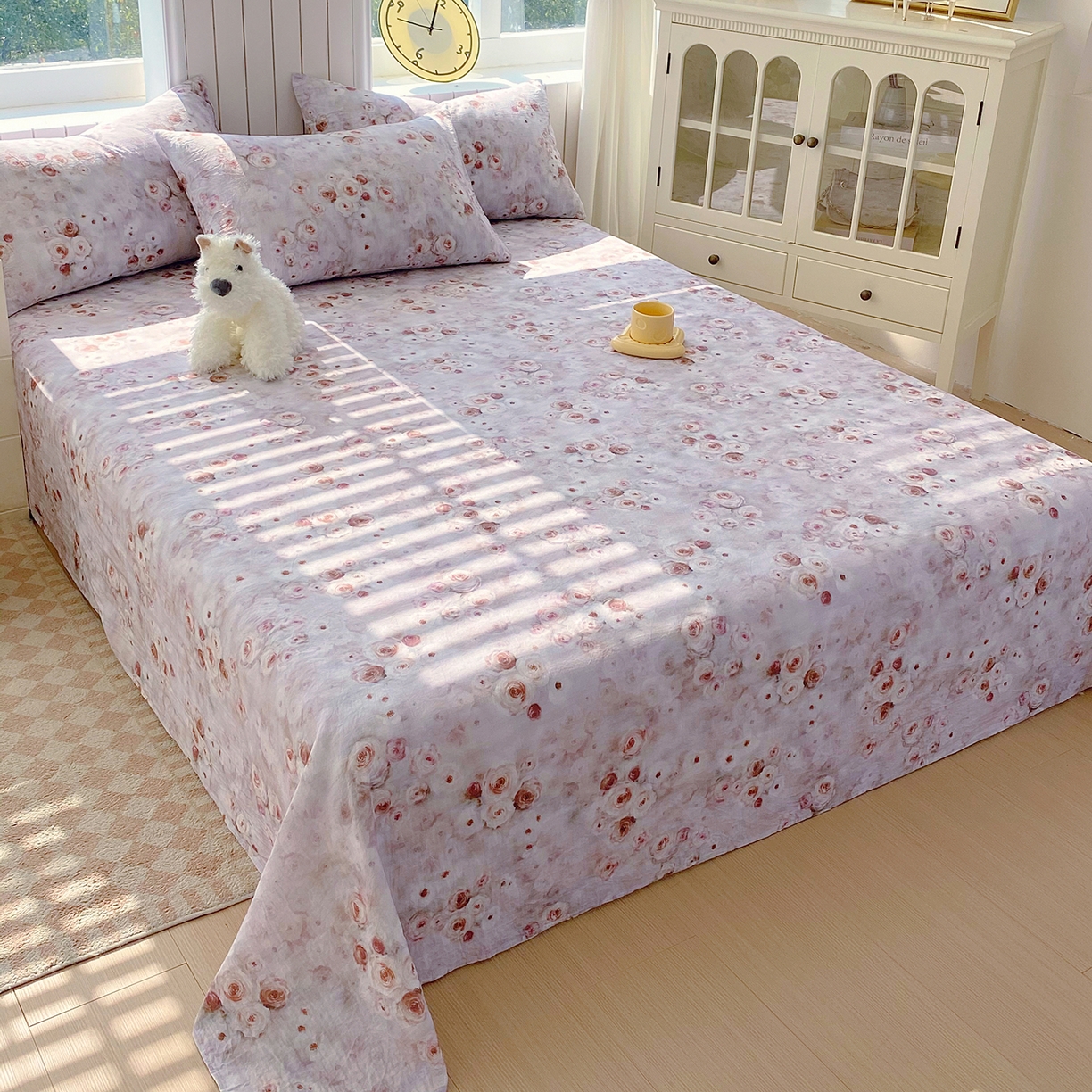 91家纺网 家纺一手货源 找家纺 春皖家纺 2026新款A类全棉有氧双层纱印花四件套单品系列-单床单 雾棕