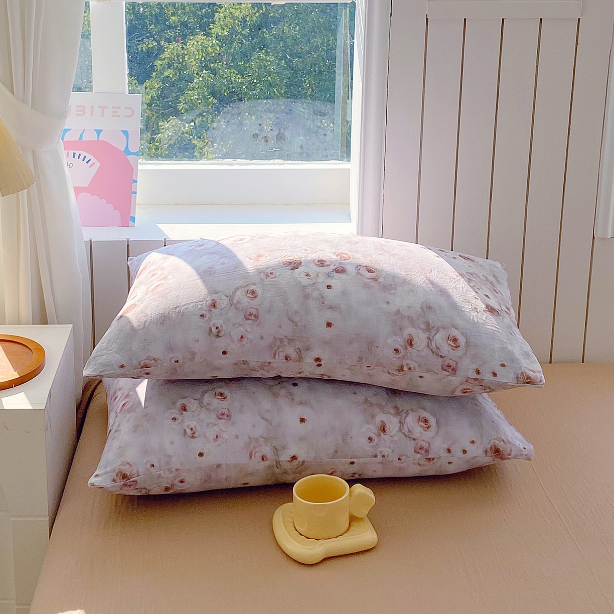 91家纺网 家纺一手货源 找家纺 春皖家纺 2026新款A类全棉有氧双层纱印花四件套单品系列-单枕套 雾棕