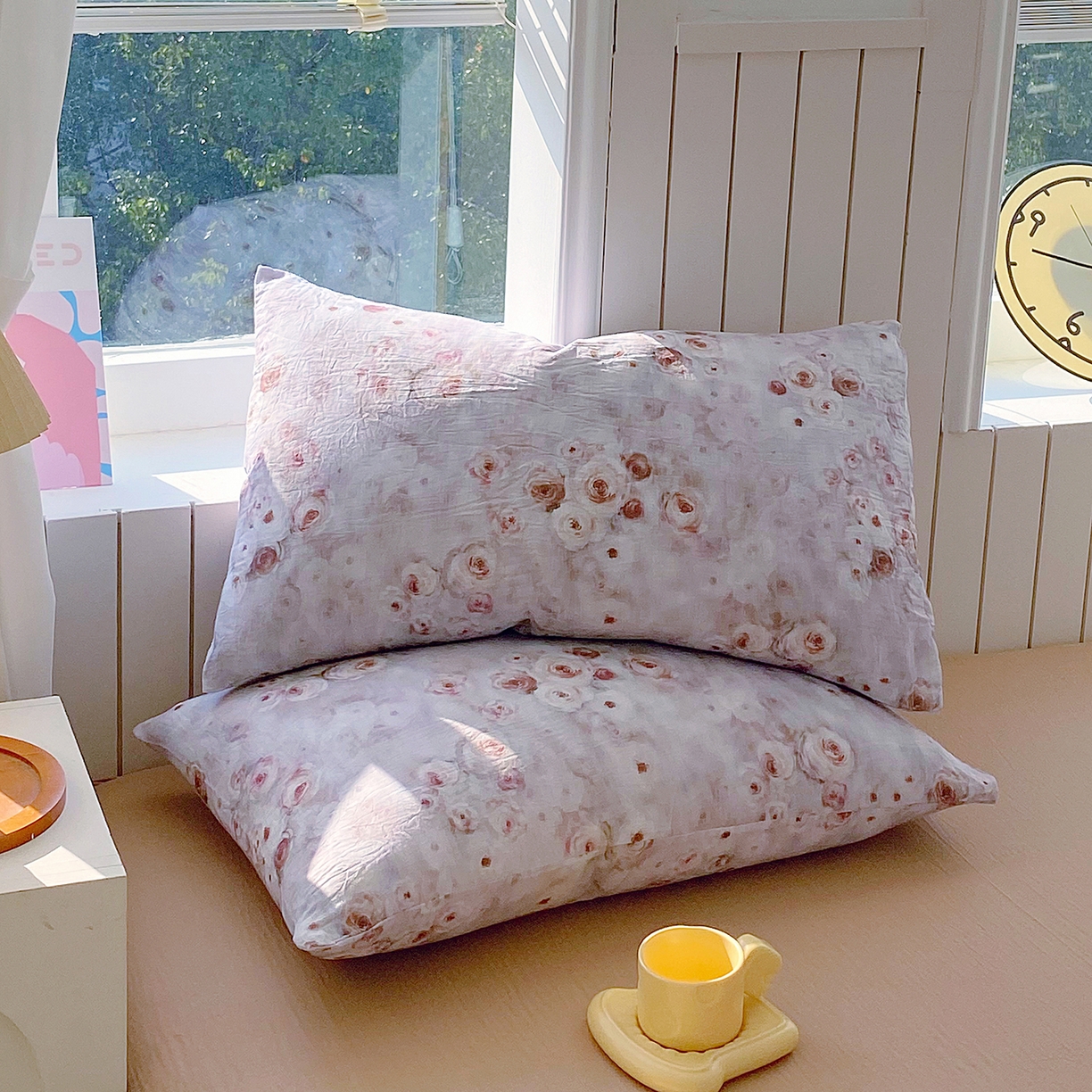 91家纺网 家纺一手货源 找家纺 春皖家纺 2026新款A类全棉有氧双层纱印花四件套单品系列-单枕套 雾棕