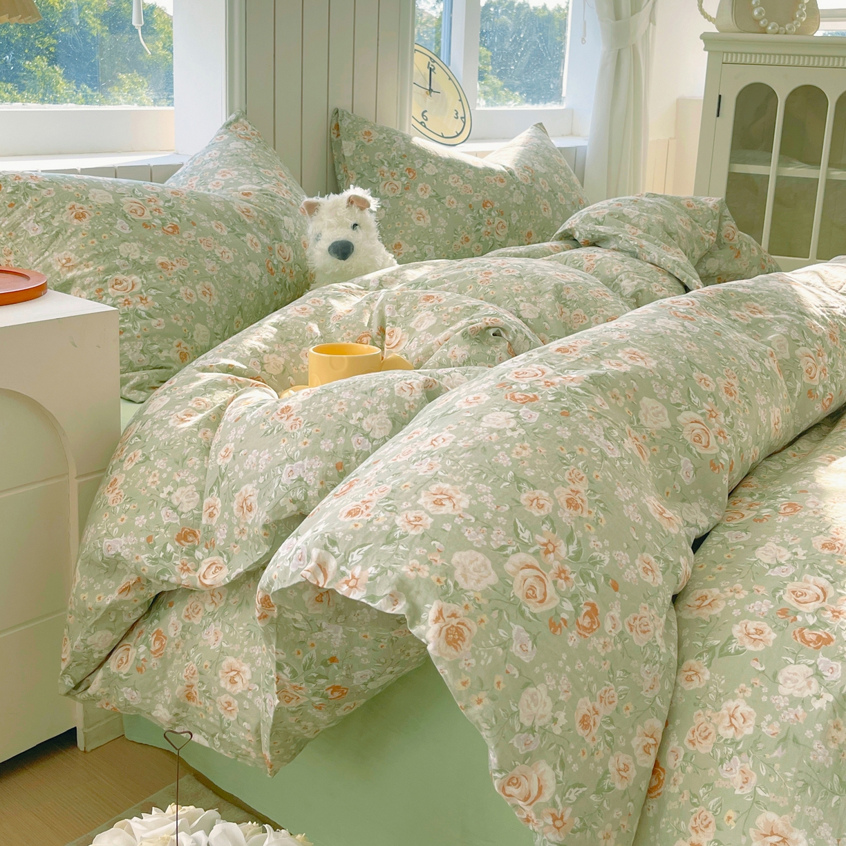 91家纺网 家纺一手货源 找家纺 春皖家纺 2026新款A类全棉有氧双层纱印花四件套单品系列-四件套 青茵