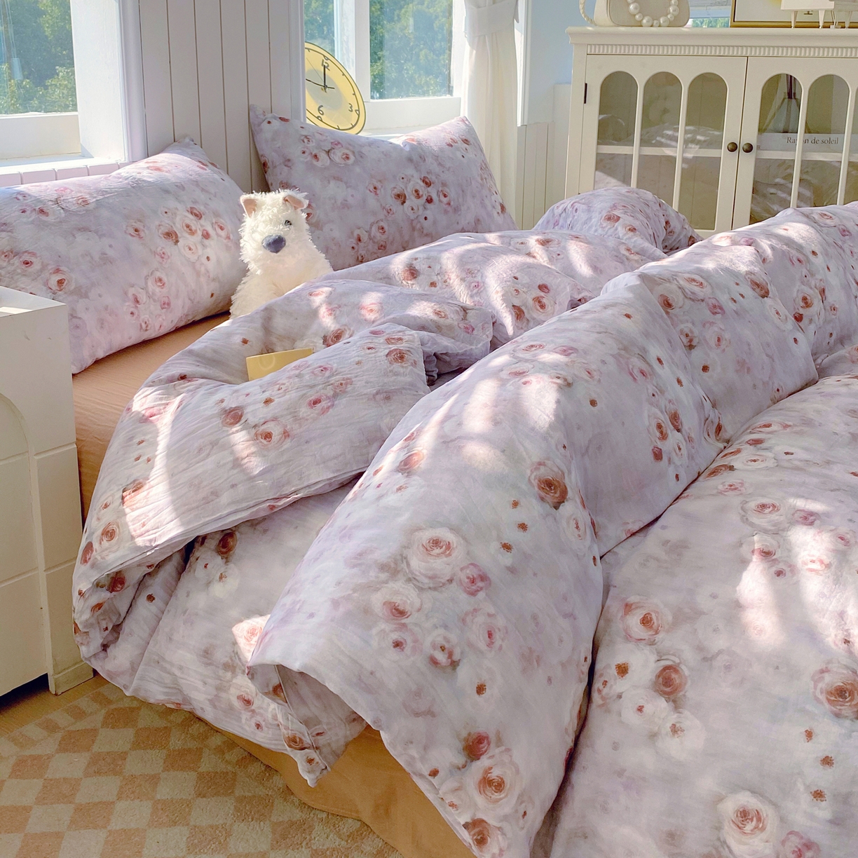 91家纺网 家纺一手货源 找家纺 春皖家纺 2026新款A类全棉有氧双层纱印花四件套单品系列-四件套 雾棕