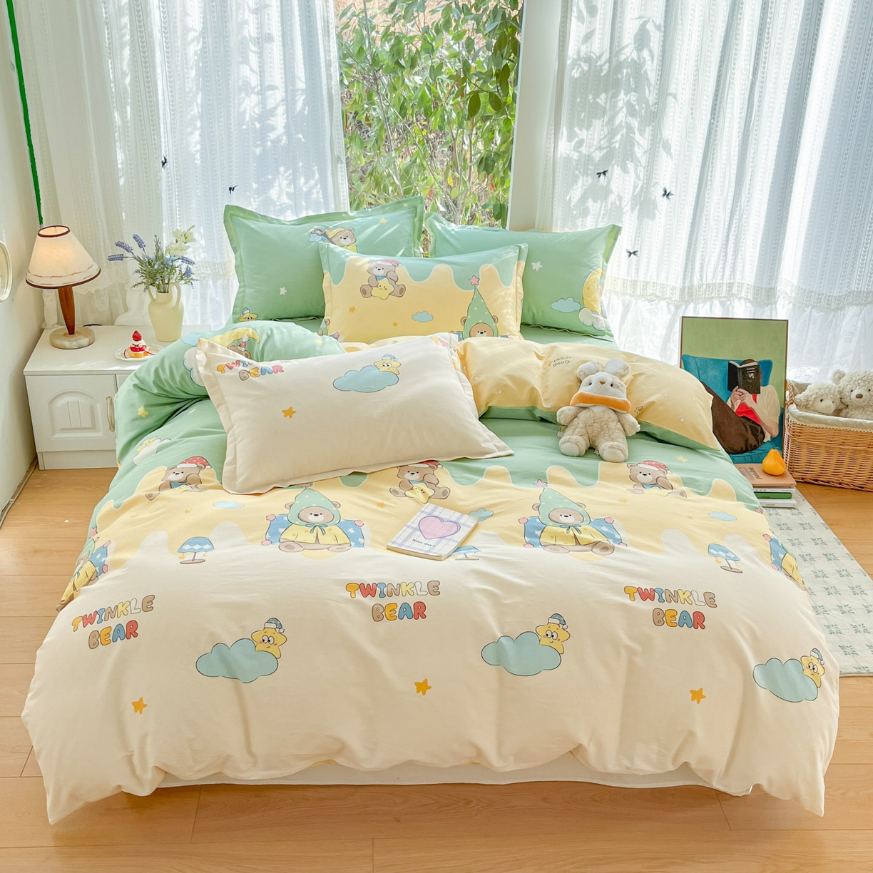 91家纺网 家纺一手货源 找家纺 菲梵家纺 2024新款全棉喷气小清新宿舍上下铺学生三件套 银杏叶