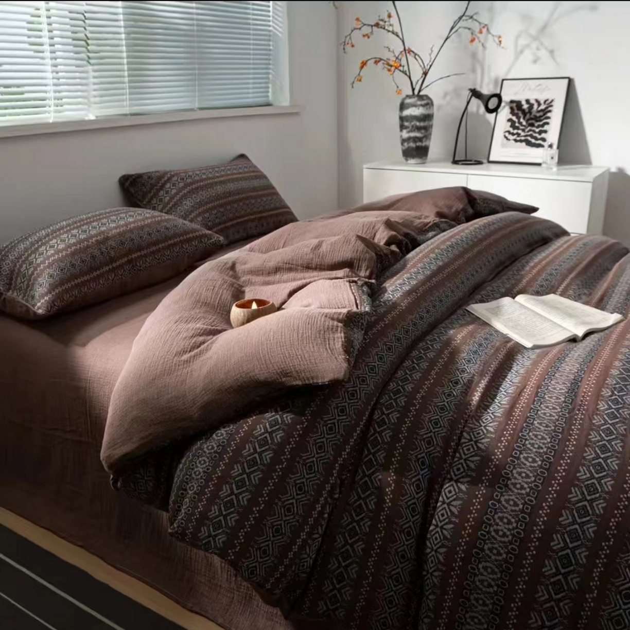 仰望棉麻双层纱供应链 2025新款全棉色织提花双层纱四件套-波西米亚狂想曲 波西米亚-咖色