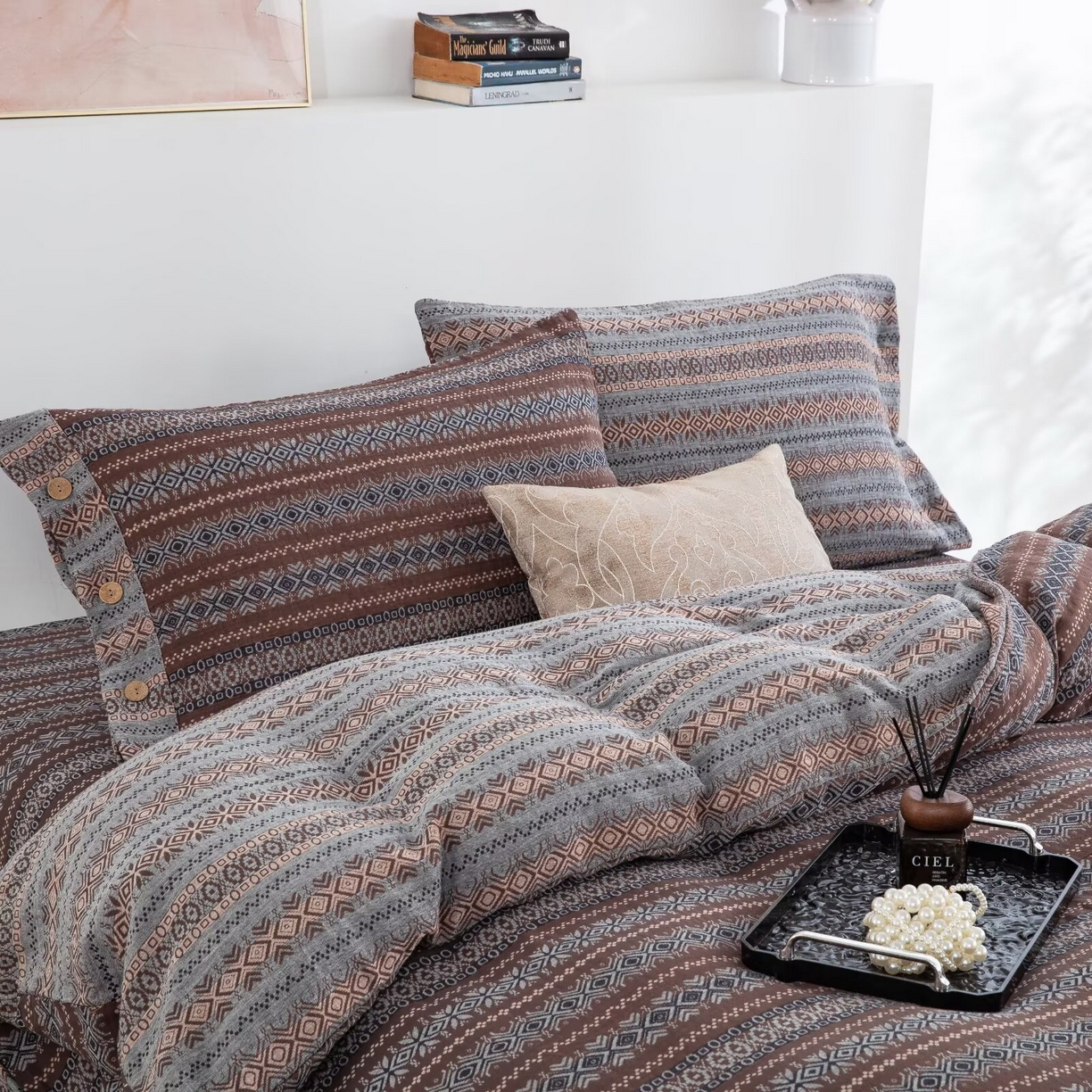 仰望棉麻双层纱供应链 2025新款全棉色织提花双层纱四件套-波西米亚狂想曲 波西米亚-纽扣款